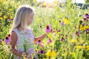 Blondes Mädchen pflückt Blumen auf einer wilden Sommerwiese