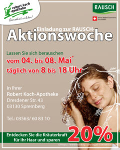 Eine junge langhaarige Frau genießt es ihre gepflegten Haare zu berühren. Einladung zur Rausch-Aktionswoche in die Robert-Koch-Apotheke in der ersten Maiwoche. Es gibt 20% Rabatt in dieser Woche auf alle Rausch-Haarpflegeprodukte.