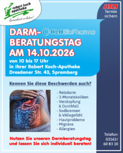 Jetzt anmelden zur HLH BioPharma Darmberatungstag in der Robert Koch-Apotheke in Spremberg am 14.10.2026